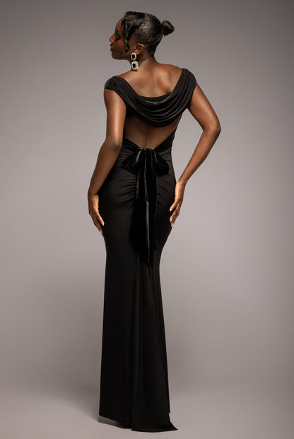 Open Back Cowl Neck Gathered Maxi Dress With Velvet Tie Back - Black by Goddiva
