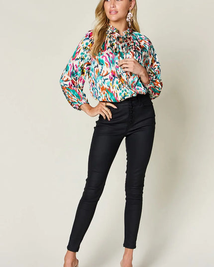 Double Take Full Size Printed Button Up Long Sleeve Shirt