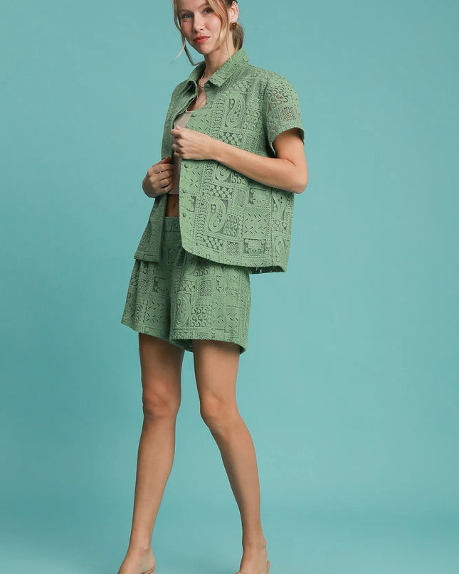 Umgee Patch Lace Short Sleeve Button Down Shirt