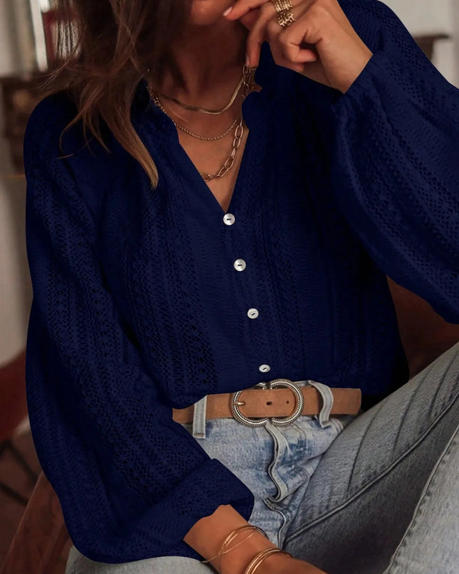 Crochet Notched Button-Front Shirt Navy Blue