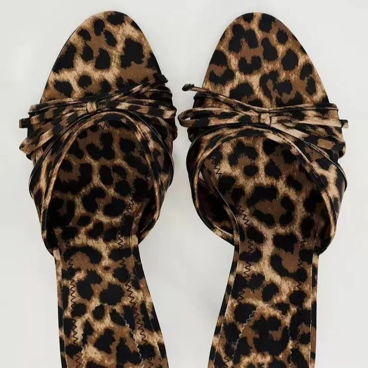 Bow Leopard Kitten Heel Sandals 
