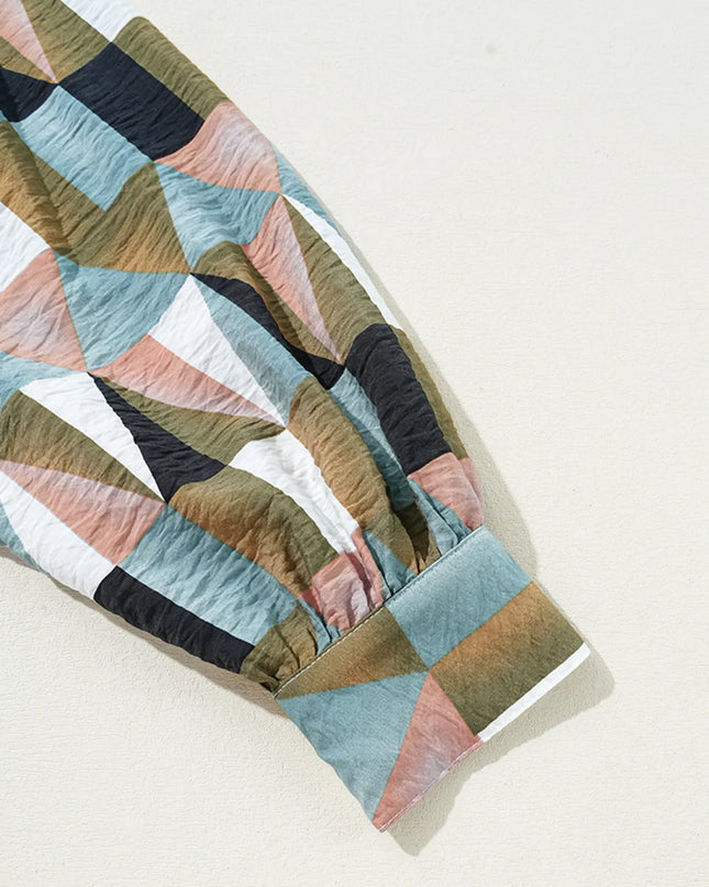 Geometric Print Buttoned Balloon Sleeve Loose Fit Shirt