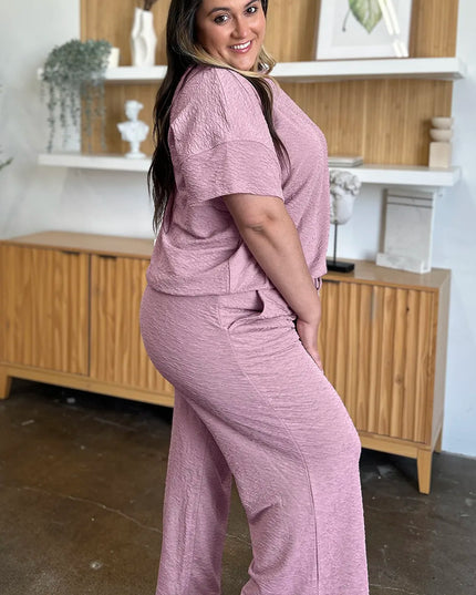 Double Take Full Size Texture Short Sleeve Top and Pants Set