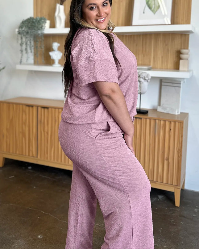 Double Take Full Size Texture Short Sleeve Top and Pants Set