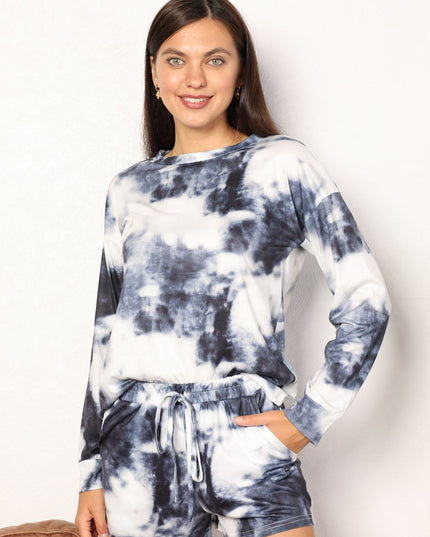 Shiny Tie-Dye Round Neck Top and Shorts Lounge Set Dark Gray