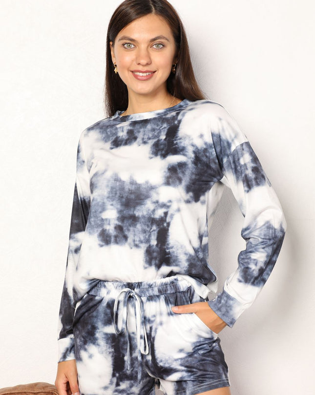 Shiny Tie-Dye Round Neck Top and Shorts Lounge Set Dark Gray