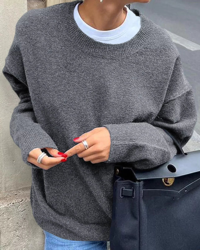 Ribbed Round Neck Dropped Shoulder Sweater Gray