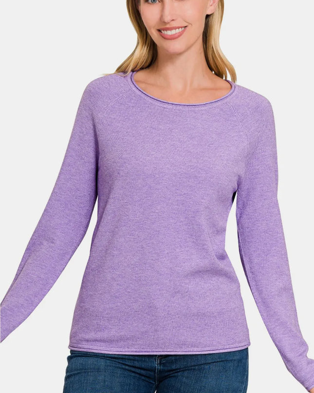 Zenana Rolled Round Neck Long Sleeve Sweater HLAVENDER