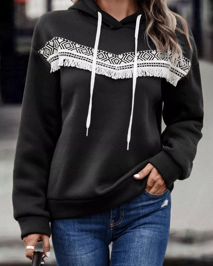 Fringe Detail Long Sleeve Drawstring Hoodie