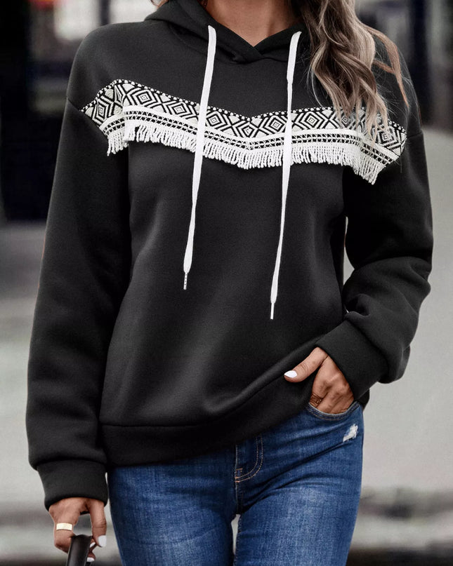 Fringe Detail Long Sleeve Drawstring Hoodie