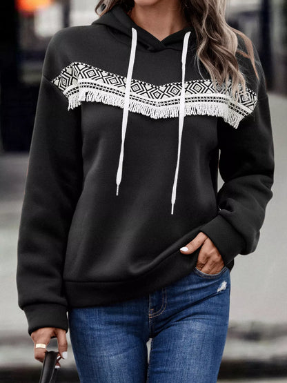 Fringe Detail Long Sleeve Drawstring Hoodie