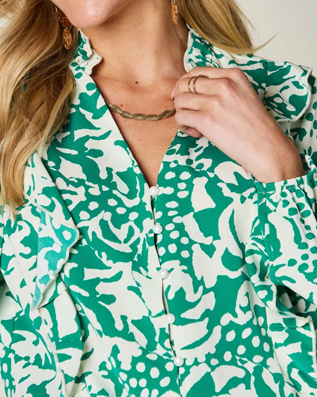 Double Take Full Size Printed Ruffle Trim Balloon Sleeve Shirt