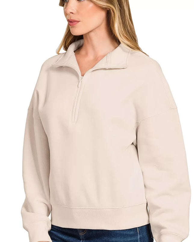 Zenana Fleece High Neck Half Zip Sweatshirt