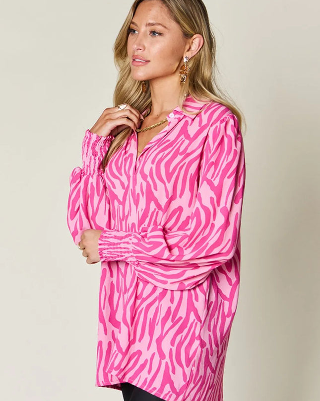 Double Take Full Size Printed Smocked Long Sleeve Blouse Plus Size