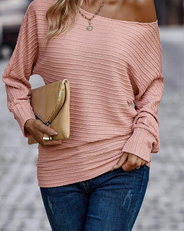 Texture Round Neck Long Sleeve Top Dusty Pink