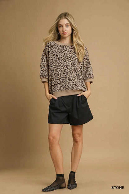 Umgee Leopard Knit Jacquard Puff Sleeve Sweatshirt