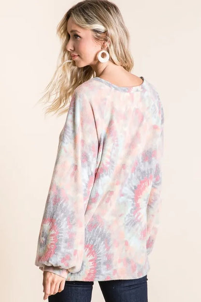 BiBi Brushed Tie Dye Print Top with Puff Sleeves