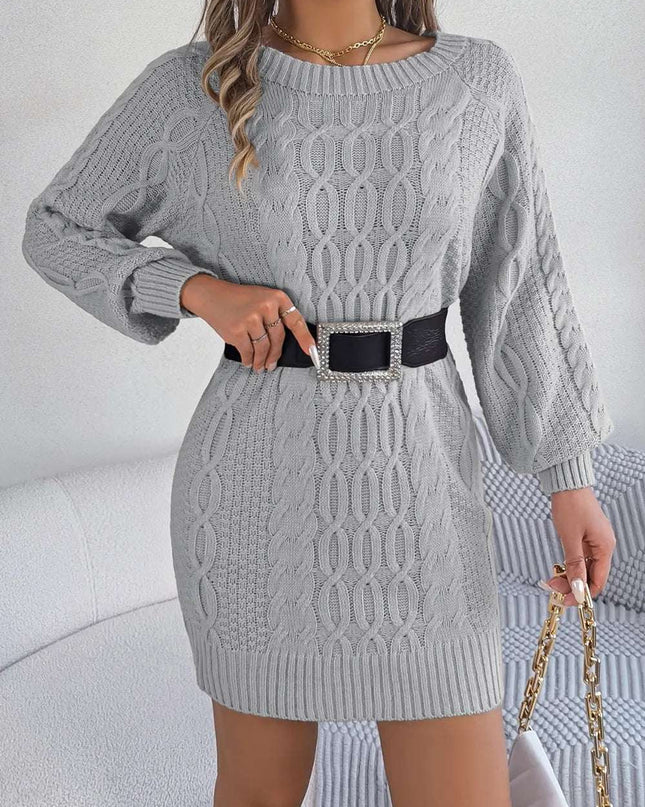 Cable-Knit Round Neck Sweater Dress Light Gray