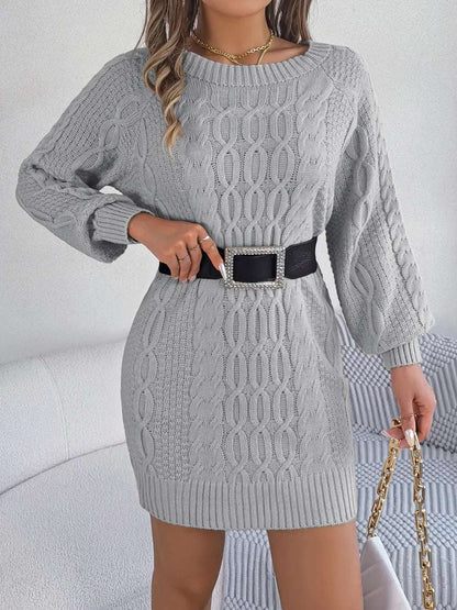 Cable-Knit Round Neck Sweater Dress Light Gray