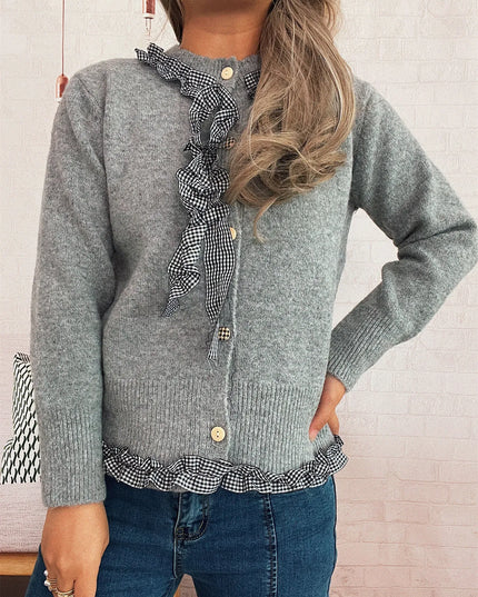Ruffle Trim Gingham Cardigan