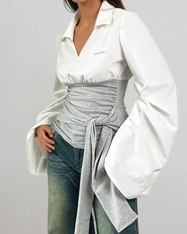 Long Sleeve Tie Front Blouse 