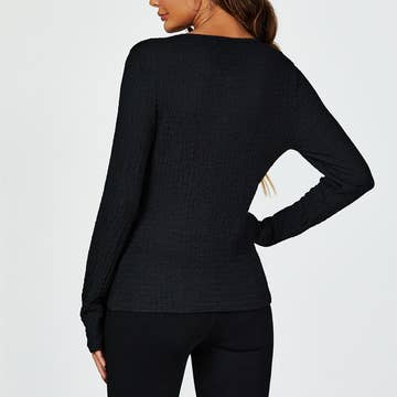 Button Down Ruched Stretch Long Sleeves Top in Black