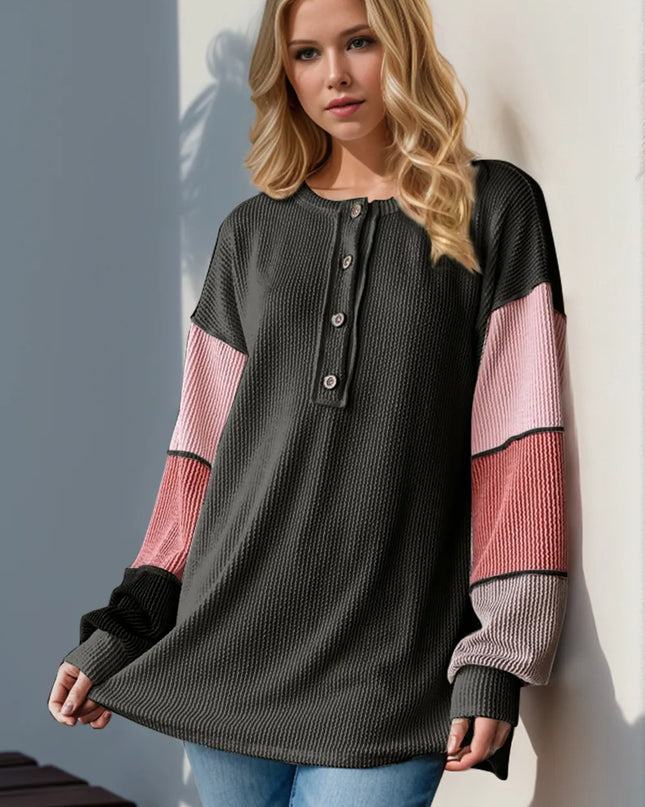 Double Take Full Size Color Block Round Neck Long Sleeve T-Shirt Black