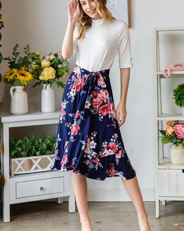 Reborn J Floral Wrap Ruffled Dress Navy