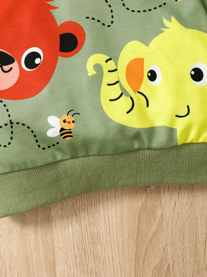 Children's Cartoon Animal Print Sweatshirt & Jeans Set