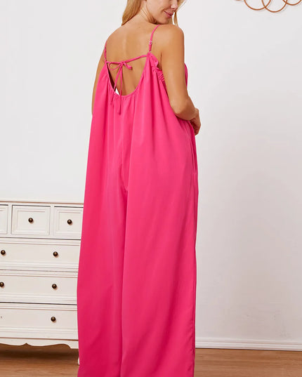 Double Take Full Size Ruffle Trim Tie Back Cami Jumpsuit with Pockets