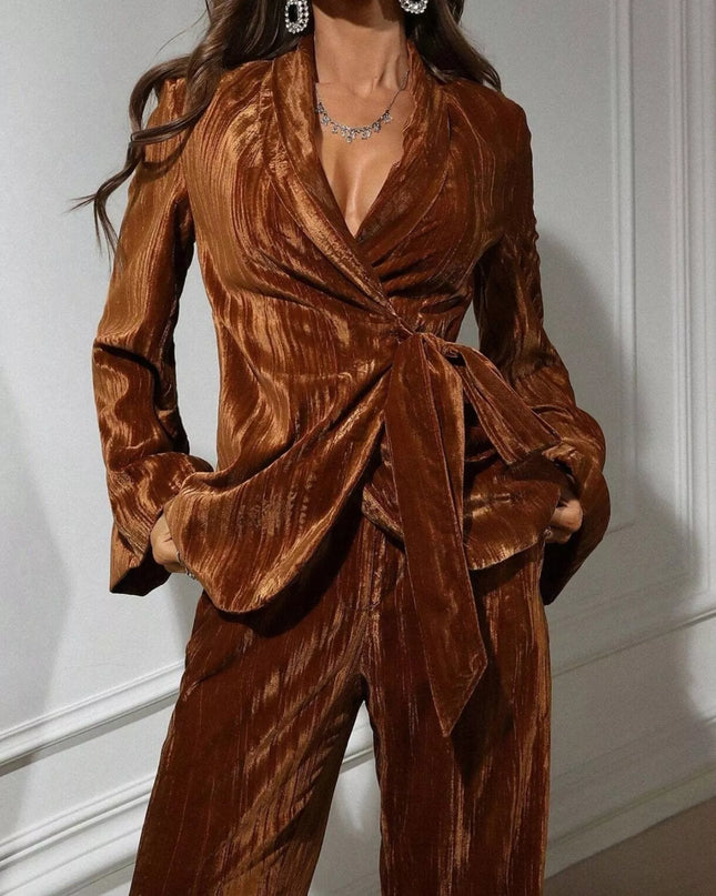 Velvet Tie Waist Blazer and Pants Set