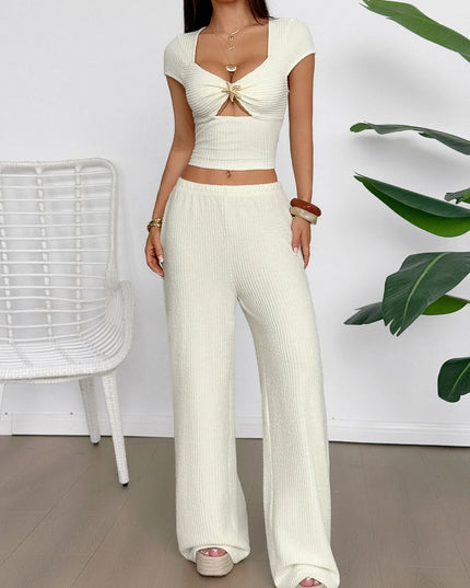 Cutout Short Sleeve Top and Pants Set Apricot