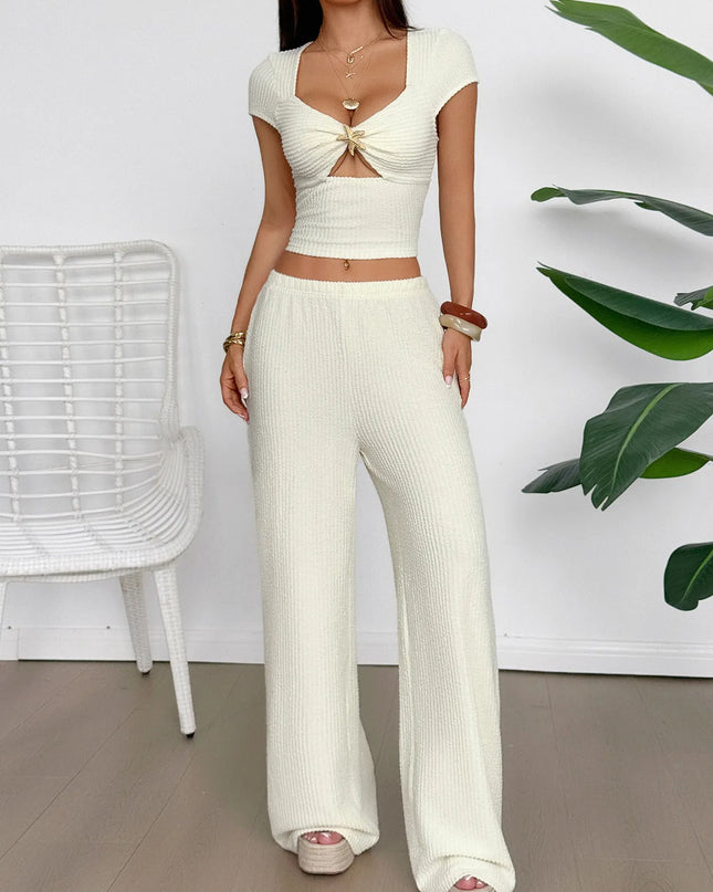 Cutout Short Sleeve Top and Pants Set Apricot