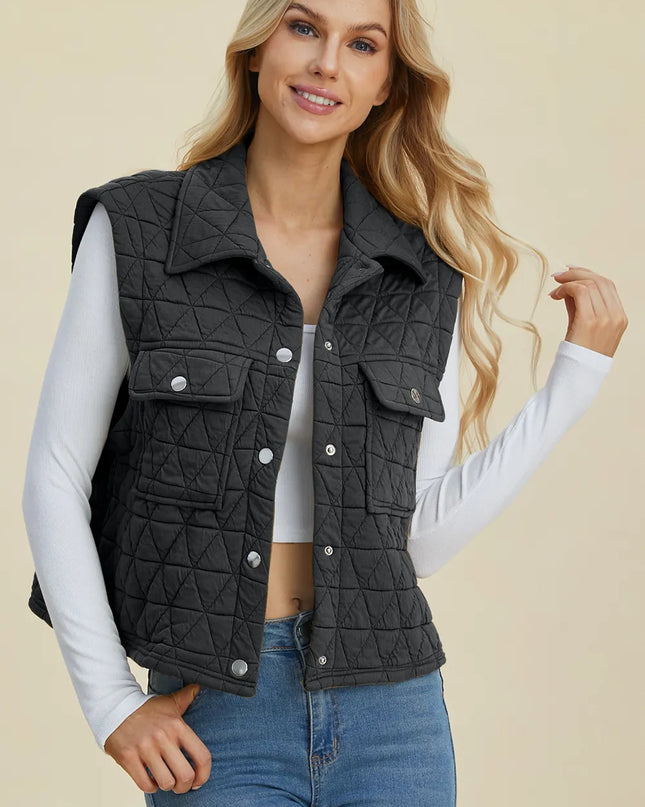 Double Take Full Size Pocketed Texture Snap Down Vest Coat Black