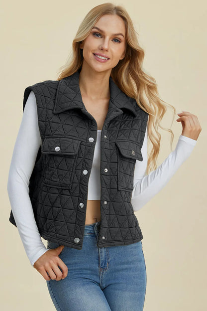 Double Take Full Size Pocketed Texture Snap Down Vest Coat Black