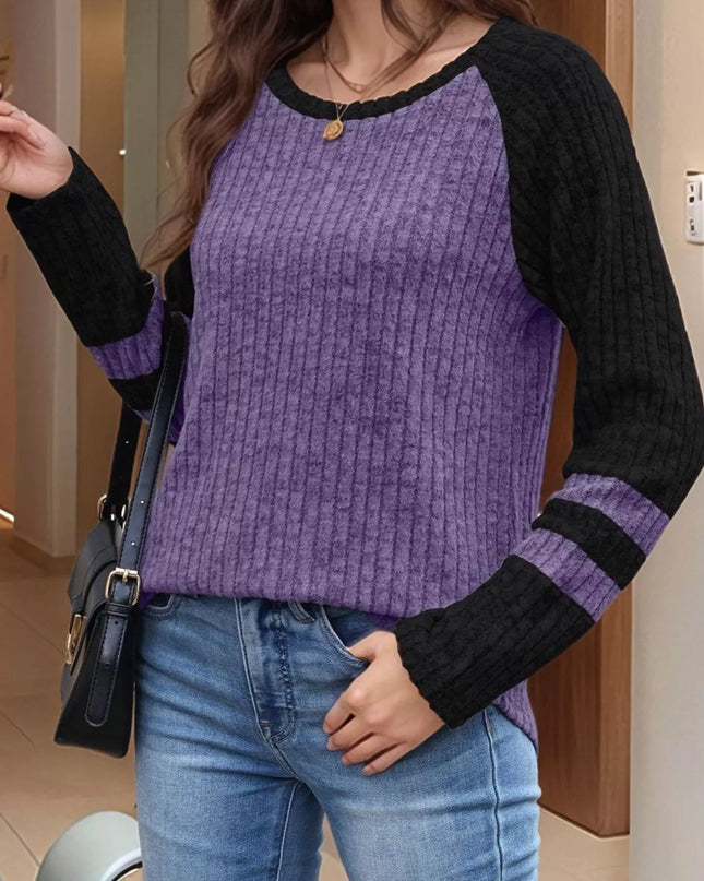 Ribbed Round Neck Raglan Sleeve Top Purple