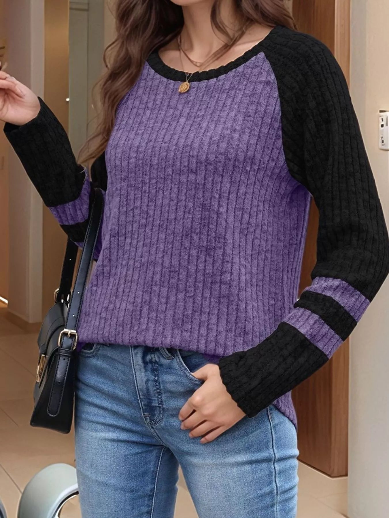 Ribbed Round Neck Raglan Sleeve Top Purple