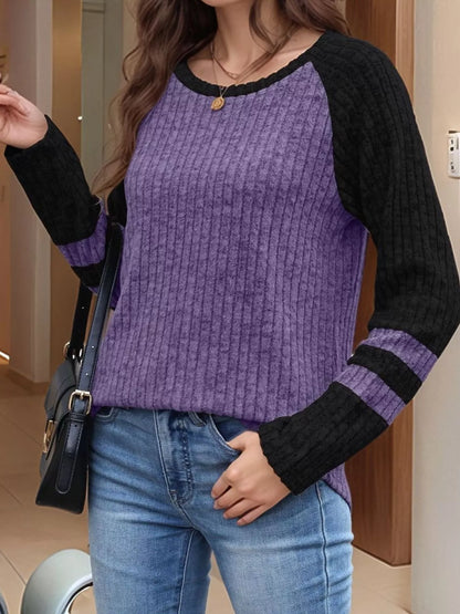 Ribbed Round Neck Raglan Sleeve Top Purple