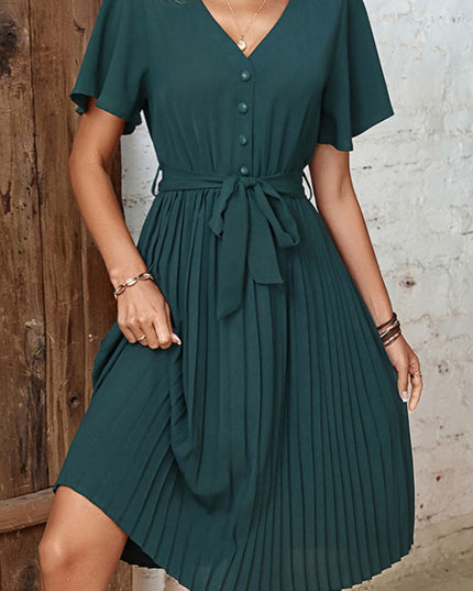 Perfee Buttoned V-Neck Flutter Sleeve Pleated Dress Forest