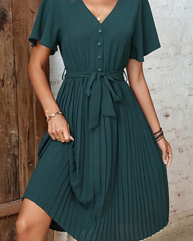 Perfee Buttoned V-Neck Flutter Sleeve Pleated Dress Forest