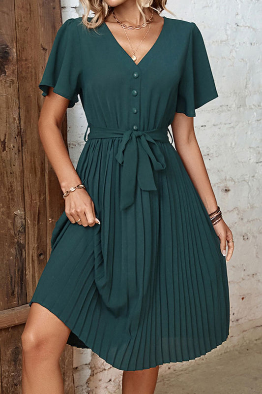 Perfee Buttoned V-Neck Flutter Sleeve Pleated Dress Forest