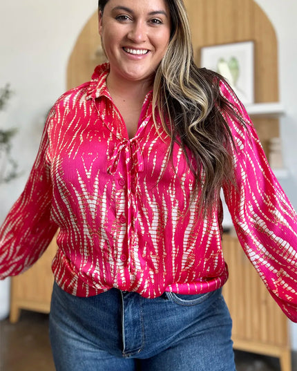 Double Take Full Size Printed Button Up Long Sleeve Shirt