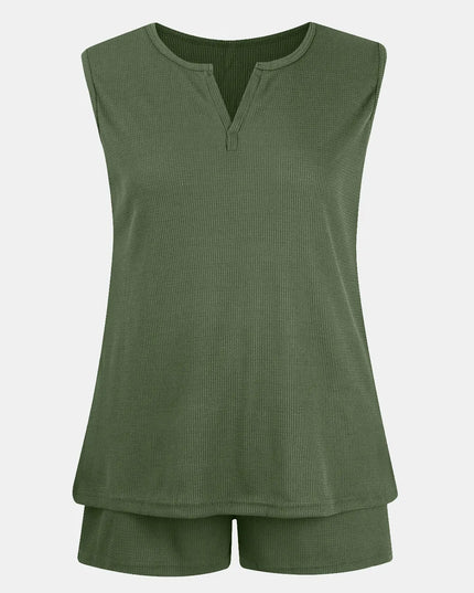 Full Size Waffle-Knit Notched Top and Shorts Set