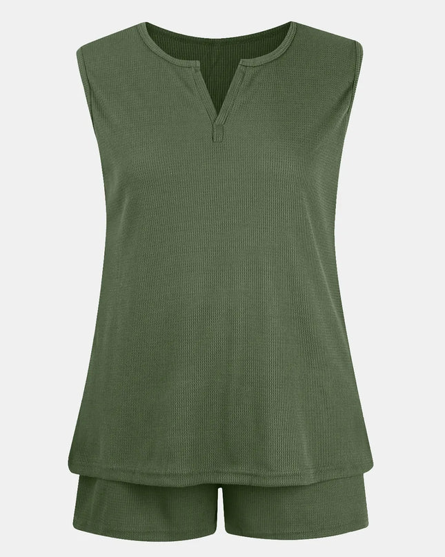 Full Size Waffle-Knit Notched Top and Shorts Set