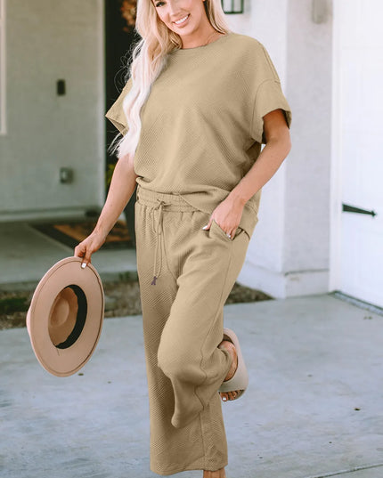 Double Take Full Size Texture Short Sleeve Top and Pants Set Camel