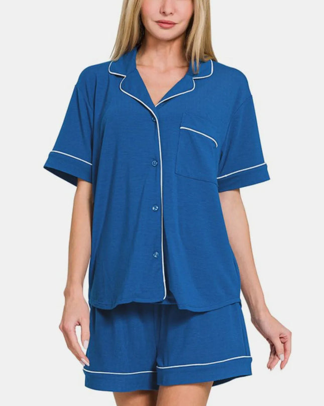 Zenana Button Down Short Sleeve Top and Shorts Lounge Set Classic Blue