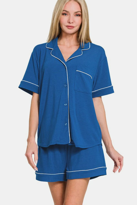 Zenana Button Down Short Sleeve Top and Shorts Lounge Set Classic Blue