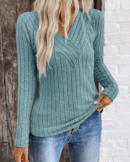 Ribbed V-Neck Long Sleeve Knit T-Shirt