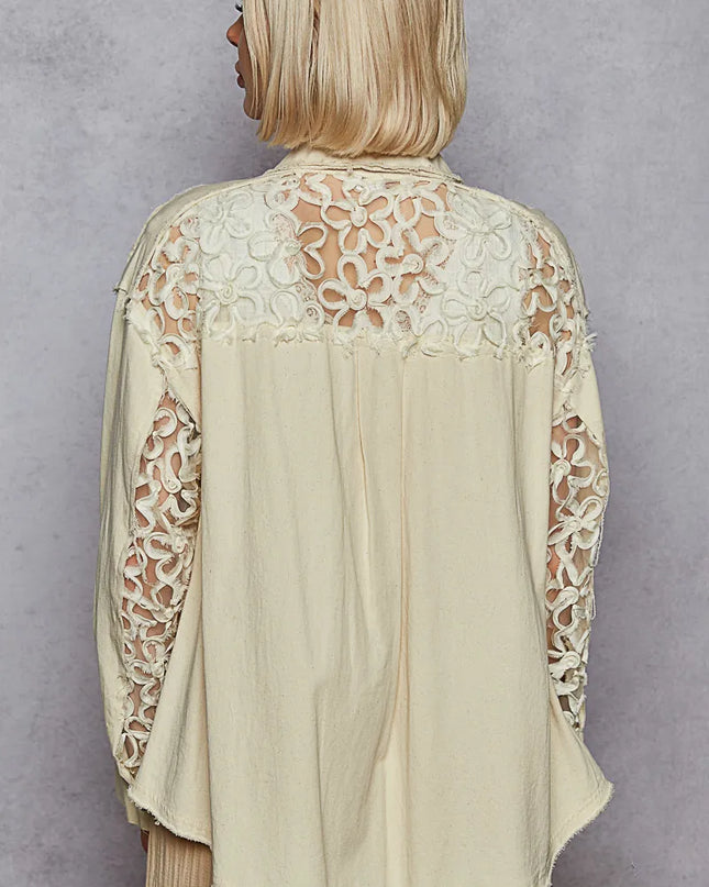 POL Button Down Raw Edg Shirt with Pearl Lace Patch