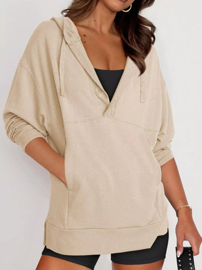 Drawstring Kangaroo Pocket Long Sleeve Hoodie Dust Storm